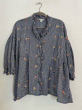 Sundance Embroidered Gingham Floral Ruffle Tunic Blouse Navy White XXL